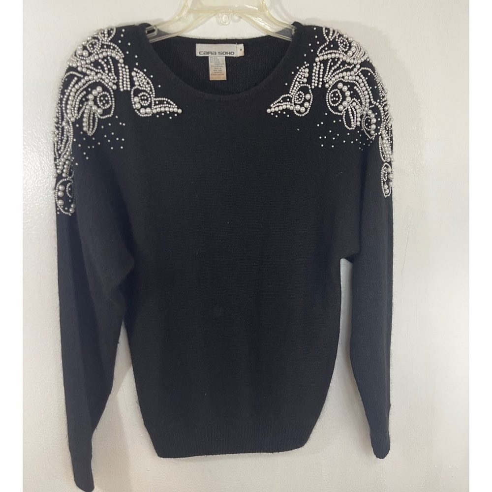 CARA SOHO Women’s Vintage Embroidered Crewneck Silk / Wool Black Sweater Size: M